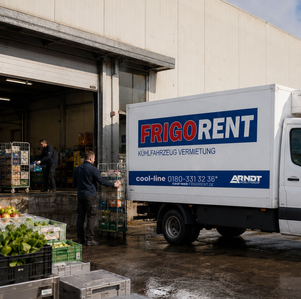 7,2-t-Kühlkoffer von Frigorent bei der Beladung mit frischen Lebensmitteln – 7,2-t-Kühlfahrzeug bei Frigorent mieten