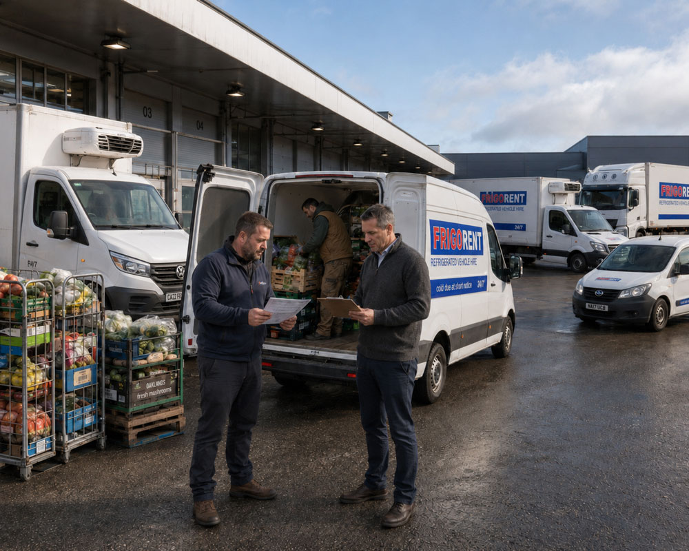Ford Transit Kühlfahrzeug von Frigorent bei der Beladung mit frischem Obst und Gemüse – Volkskühler bei Frigorent mieten