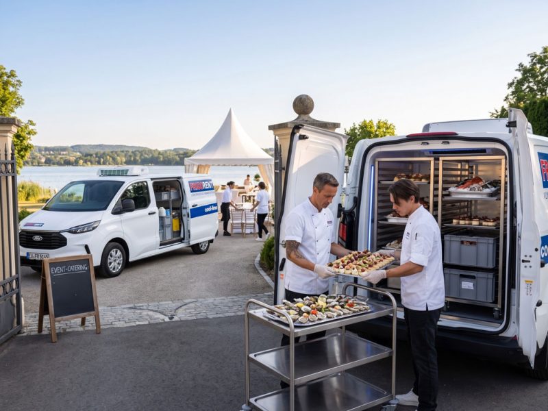 Zwei Ford Transit Kühlfahrzeuge 3,2 t von Frigorent beim Event-Catering – Volkskühler für den sicheren Transport gekühlter